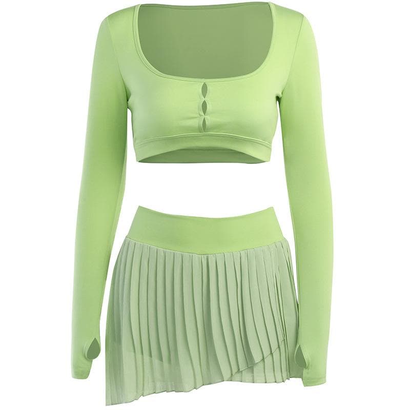 Hollow out solid gloves pleated long sleeve mini skirt set - Final Sale
