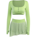 Hollow out solid gloves pleated long sleeve mini skirt set - Final Sale