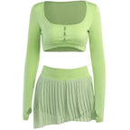 Hollow out solid gloves pleated long sleeve mini skirt set - Final Sale