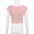 Cap sleeve lace hem textured contrast crop top