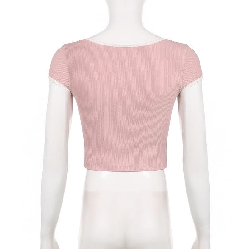 Cap sleeve lace hem textured contrast crop top