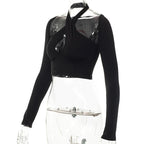 Long sleeve solid halter cross front hollow out crop top - Final Sale