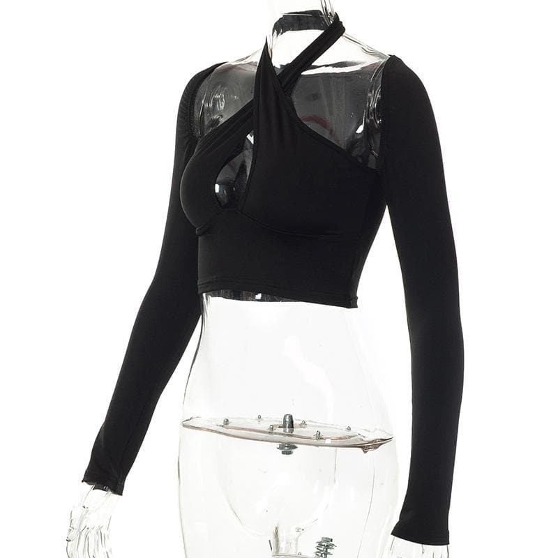 Long sleeve solid halter cross front hollow out crop top - Final Sale