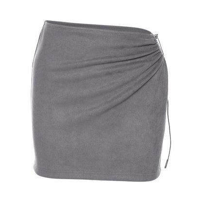 Drawstring irregular ruched solid mini skirt