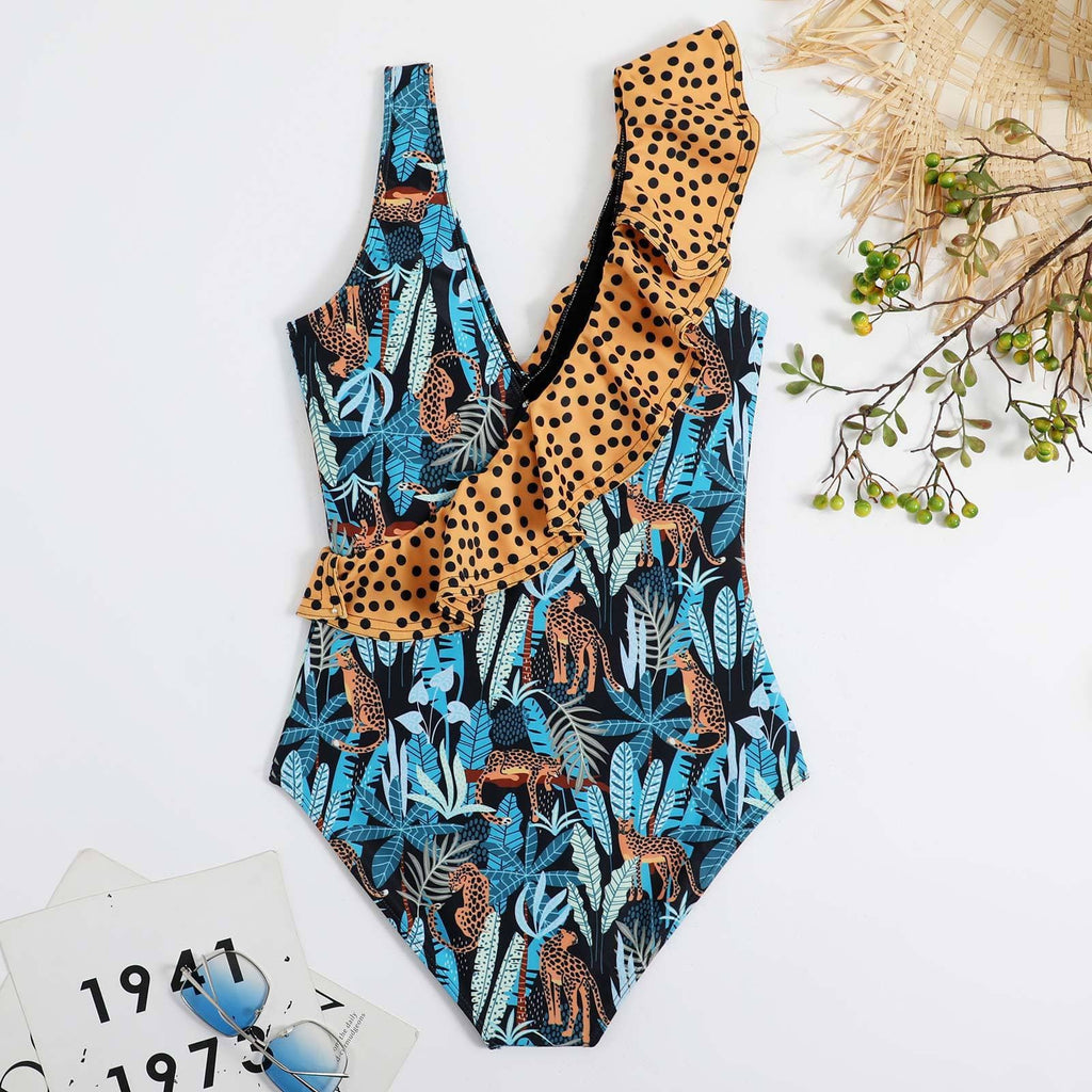 Costume da bagno intero irregolare con stampa di foglie a contrasto e volant