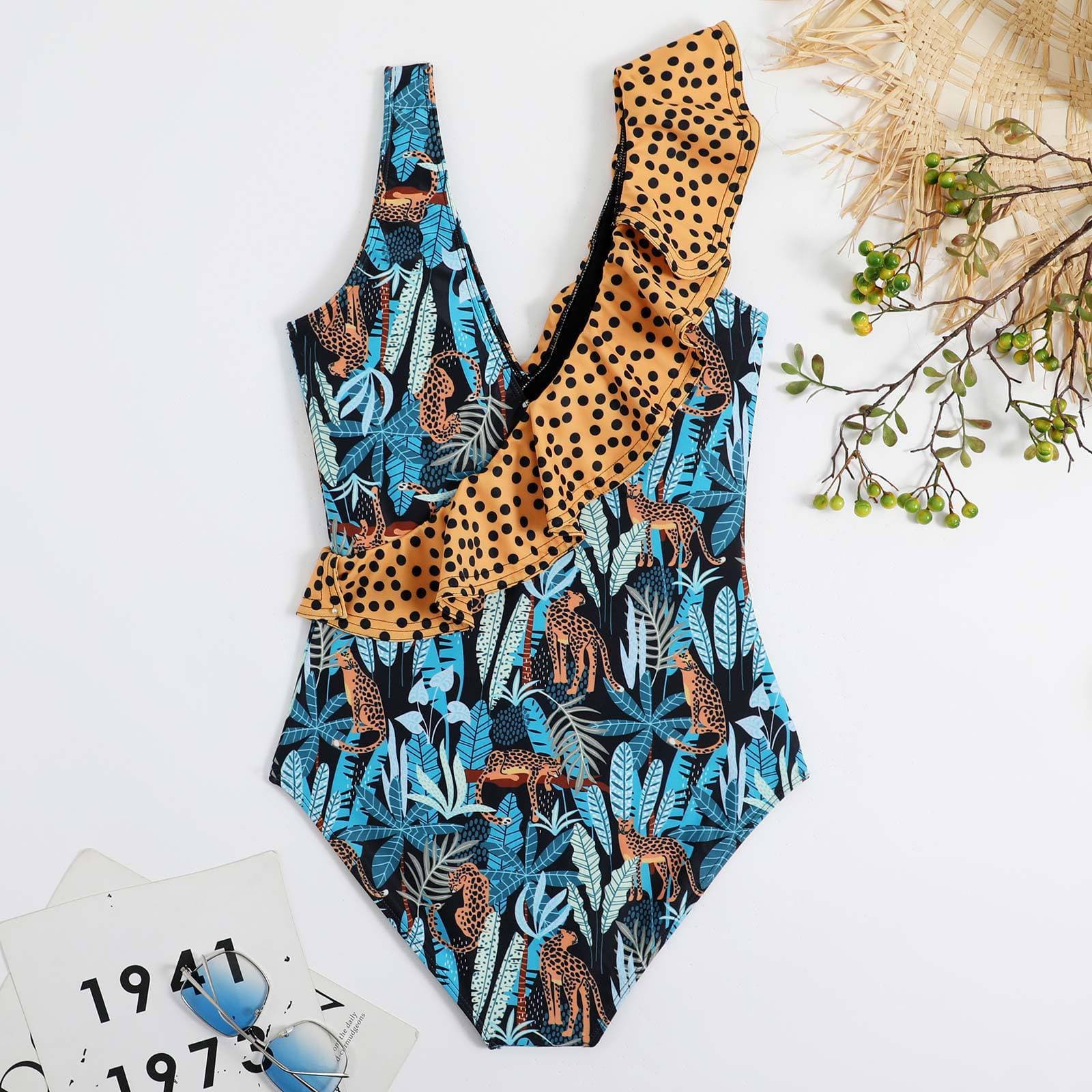 Costume da bagno intero irregolare con stampa di foglie a contrasto e volant