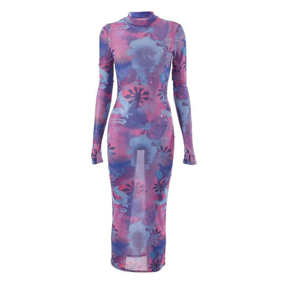Sheer mesh see through flower print contrast gloves long sleeve maxi dress