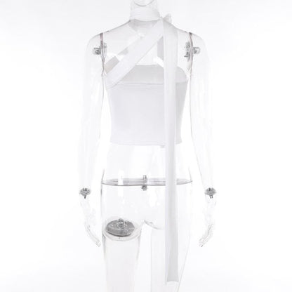 Einfarbiges One-Shoulder-Crop-Top mit Blumenapplikation und Schleife 