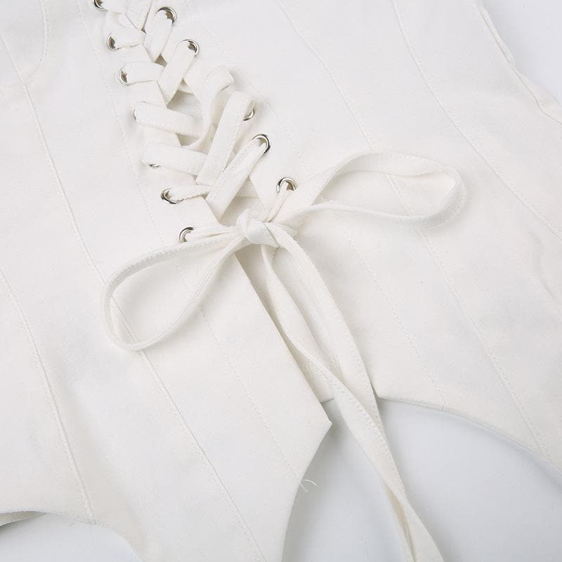 Solid button lace up corset backless self tie tube top