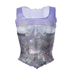 Sheer mesh see through abstract print ruffle sleeveless crop top