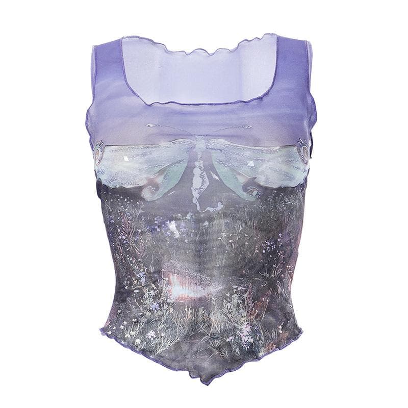 Sheer mesh see through abstract print ruffle sleeveless crop top