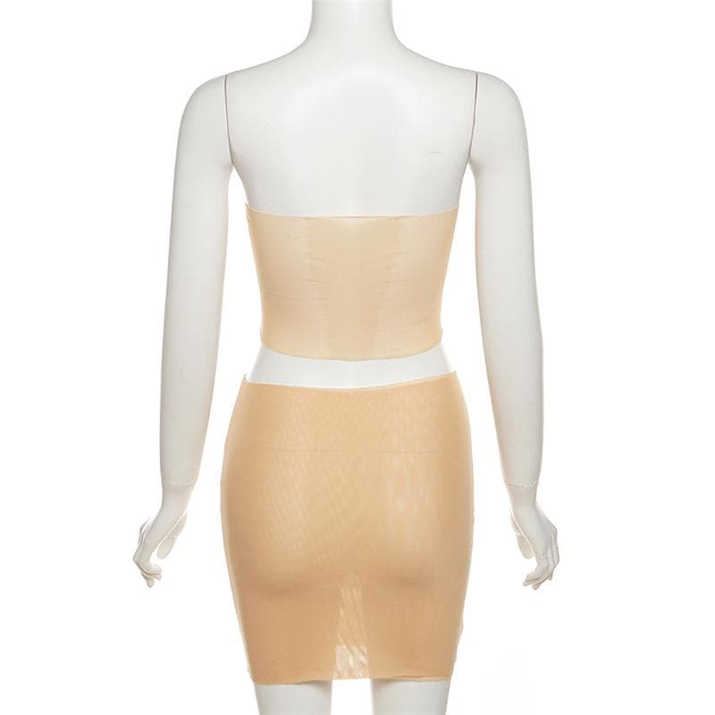 Tie dye contrast sheer mesh see through tube mini skirt set