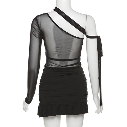 Minikleid aus Netzstoff mit unregelmäßiger Rüschenpartie und One-Shoulder-Träger