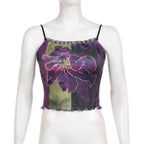 Ruffle flower print contrast square neck backless cami crop top