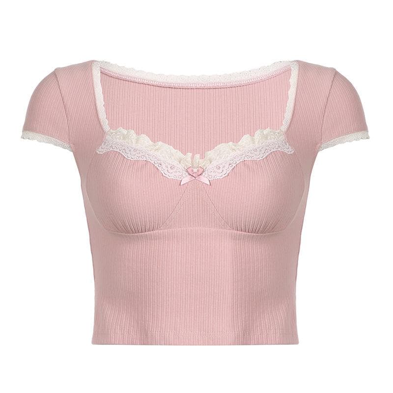 Cap sleeve lace hem textured contrast crop top