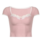 Cap sleeve lace hem textured contrast crop top