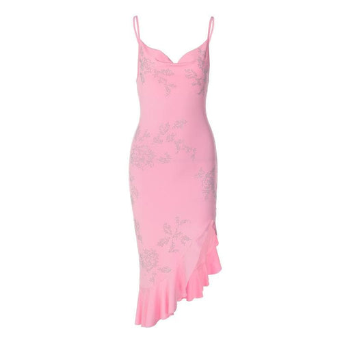 Rückenfreies, unregelmäßiges Camisole-Minikleid mit Perlenbesatz, Rüschenschlitz und Wasserfallausschnitt 