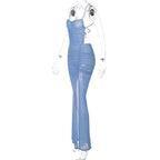 Backless mesh cross back ruched slit self tie solid maxi dress