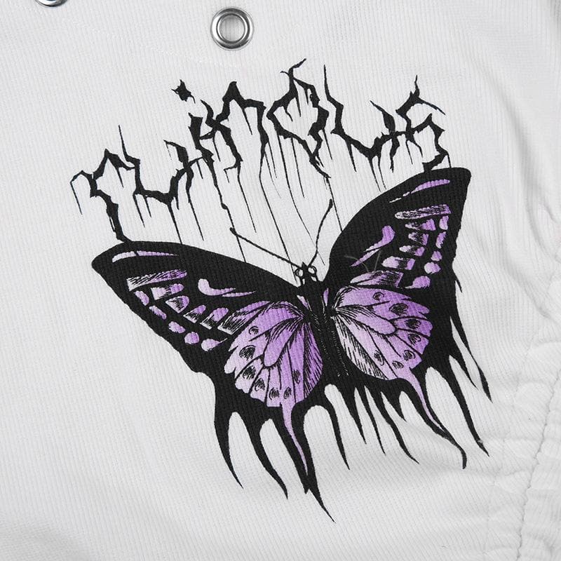 Irregular v neck drawstring ribbed butterfly pattern cami top