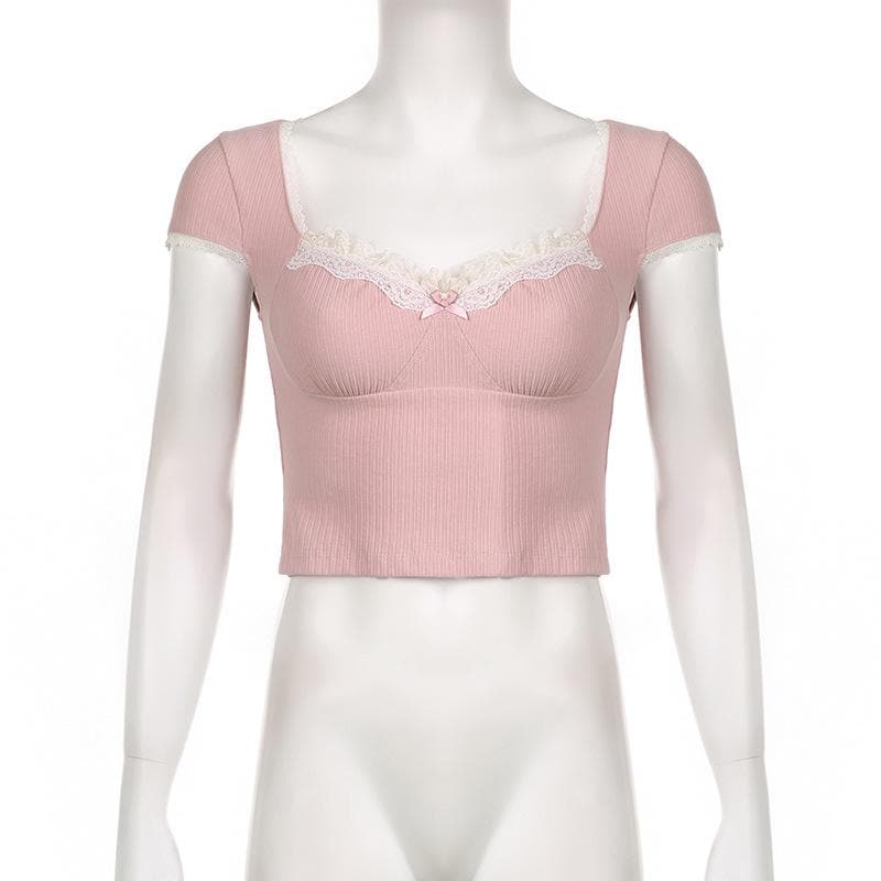 Cap sleeve lace hem textured contrast crop top