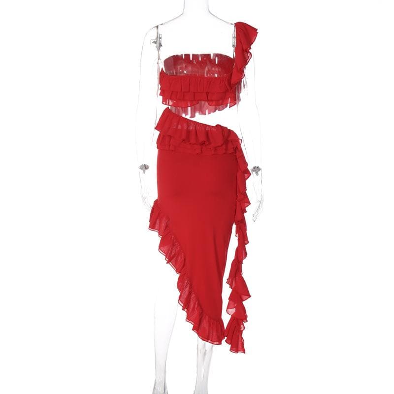 Irregular one shoulder ruffle backless solid midi skirt set