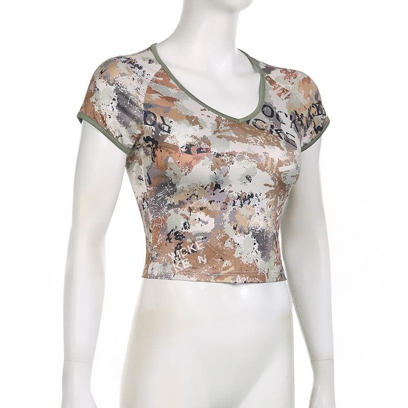 Camouflage v neck short sleeve contrast crop top