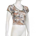 Camouflage v neck short sleeve contrast crop top