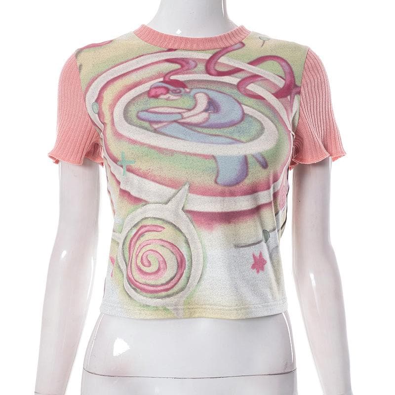 Top a maniche corte con scollo rotondo e patchwork a contrasto astratto 