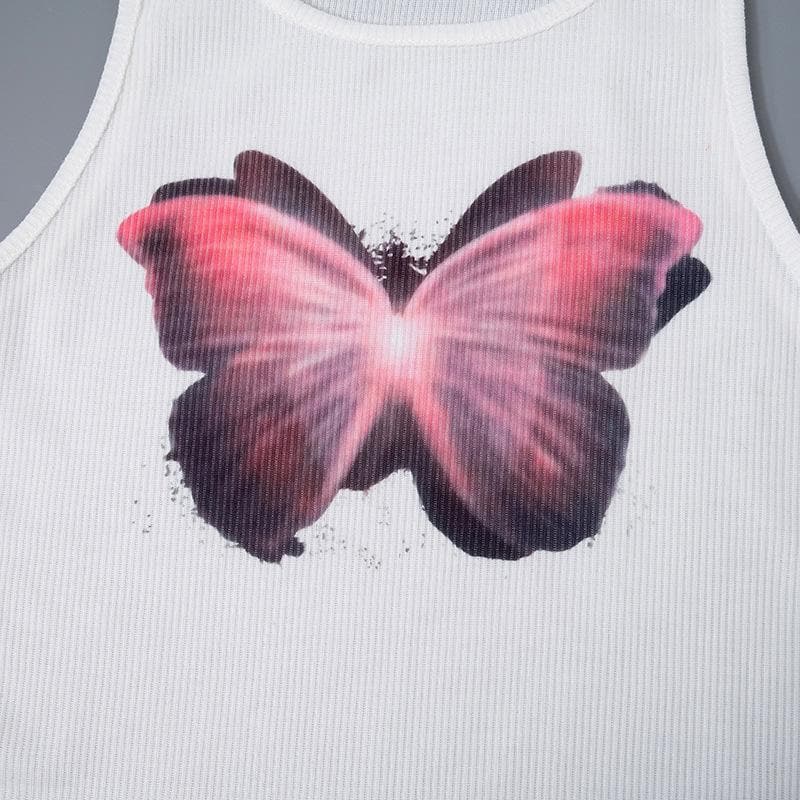 Butterfly pattern ribbed sleeveless contrast round neck top