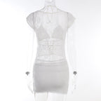 Lace halter cap sleeve ruched corset lace up solid mini skirt set