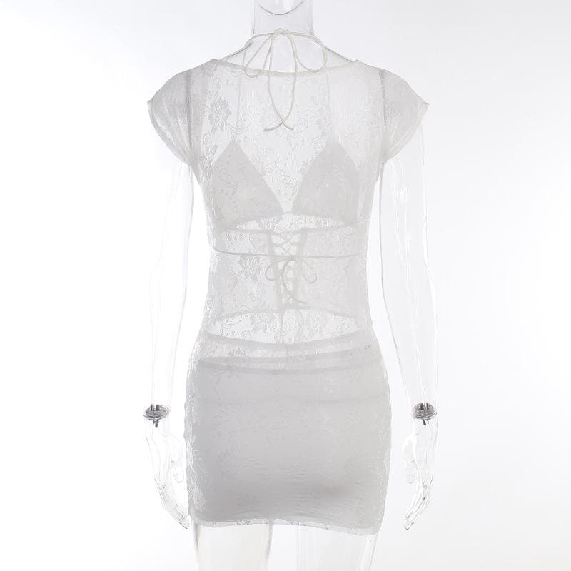 Lace halter cap sleeve ruched corset lace up solid mini skirt set
