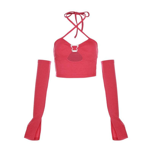 Neckholder mit Schnalle, gekreuzter Vorderseite, ausgehöhlte Handschuhe, rückenfreies Crop-Top - Schlussverkauf