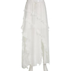 Drawstring ruffle slit irregular solid maxi skirt