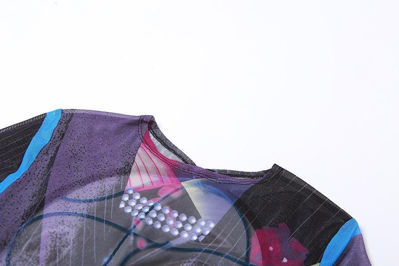 Transparenter, rückenfreier Jumpsuit aus transparentem Netzstoff mit kontrastierenden, kurzärmligen, selbst zu bindenden Ärmeln