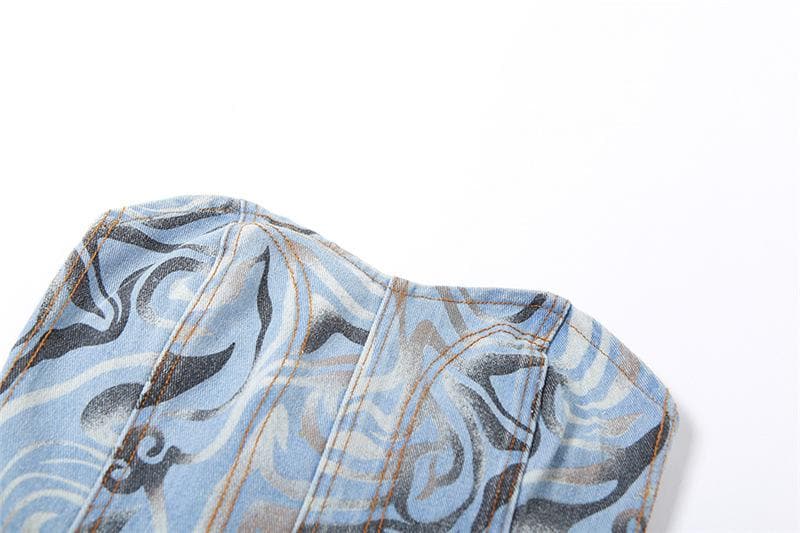 Stitch contrast smocked sweetheart neck backless denim top