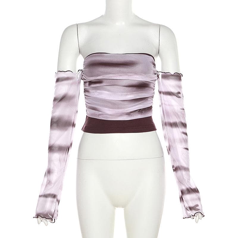 Top a maniche lunghe con volant e spalle scoperte in rete tie-dye arricciato 