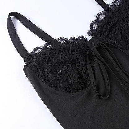 Gerafftes, einfarbiges, ärmelloses, rückenfreies Minikleid aus Spitze mit Schlitz zum Selbstbinden