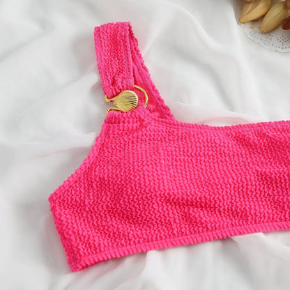 Costume da bagno intero con spalla scoperta e anello a O in contrasto testurizzato