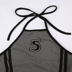 Halter self tie ruched backless "5" embroidery contrast bodysuit