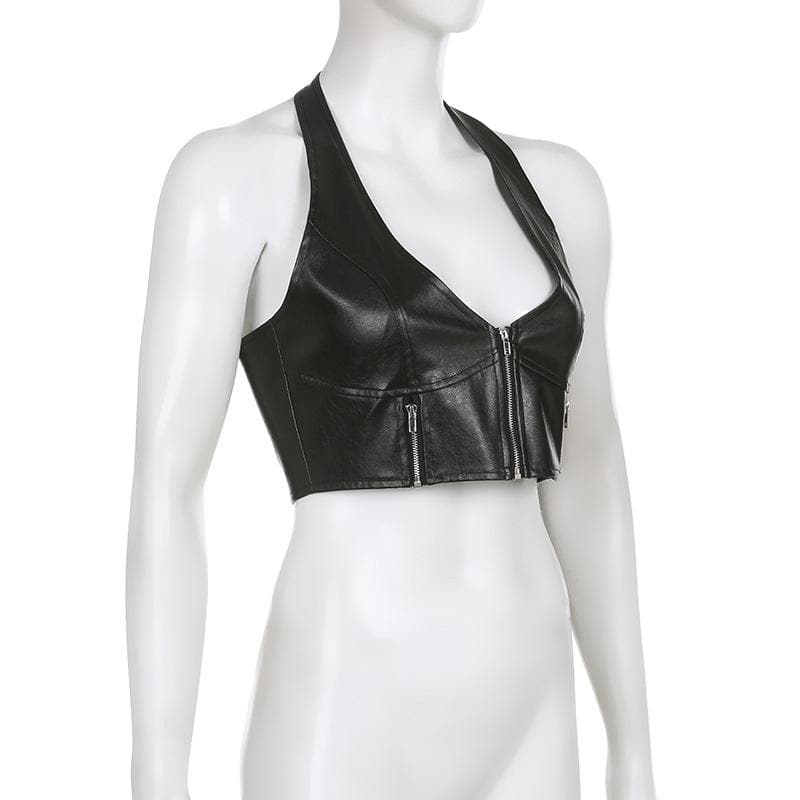 PU leather halter v neck zip-up solid backless crop top - Final Sale