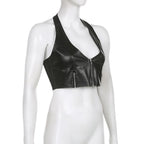 PU leather halter v neck zip-up solid backless crop top - Final Sale