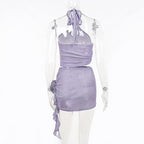 Solid halter flower applique hollow out textured mini skirt set