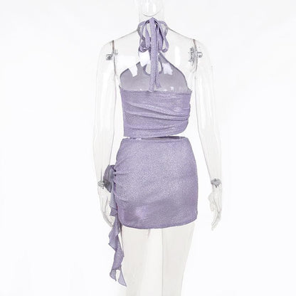 Solid halter flower applique hollow out textured mini skirt set