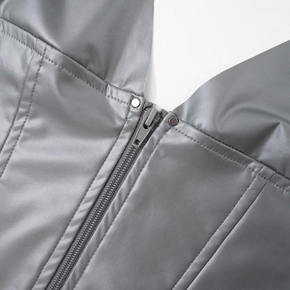 Neckholder-Crop-Top aus PU-Leder mit Reißverschluss und rückenfreiem V-Ausschnitt 