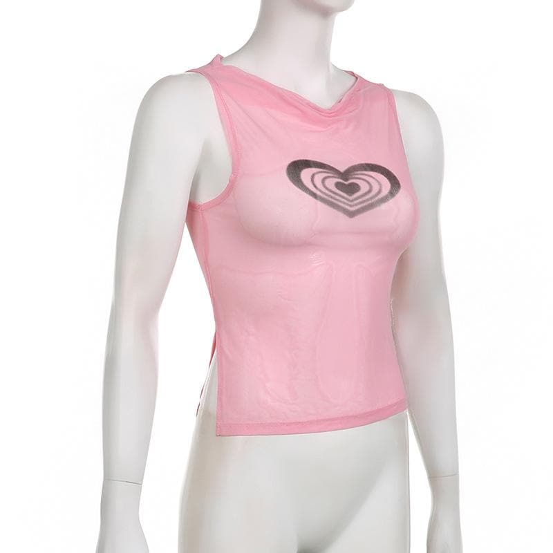 Sheer mesh see through cowl neck sleeveless heart pattern top