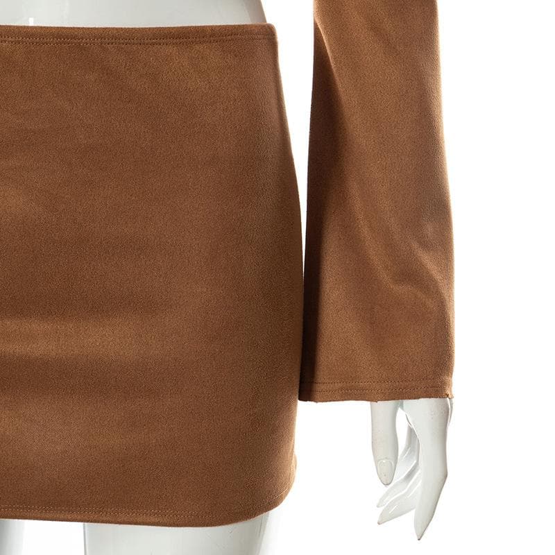Long sleeve solid v neck slit mini skirt set