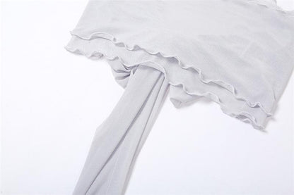 Transparentes Netzstoff-Crop-Top mit einfarbigen Rüschen und selbstbindendem, rückenfreiem Tube-Top 