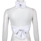 Halter backless solid ruched self tie top
