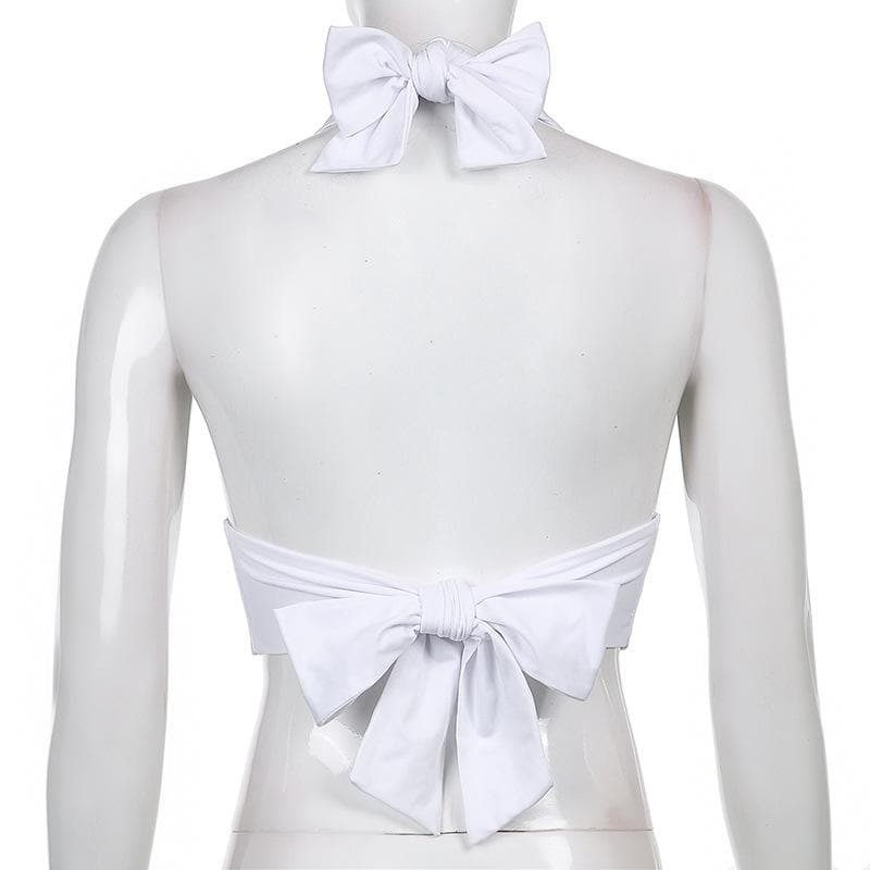 Halter backless solid ruched self tie top