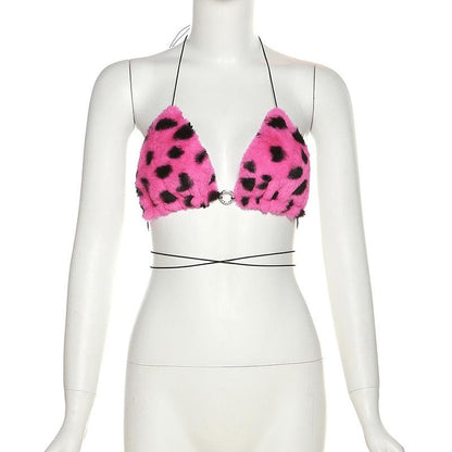 Furry leopard print self tie open back o ring bra top